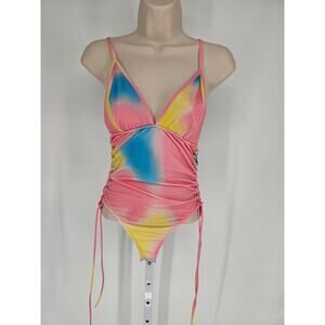 Tic Toc Womens Sz S One Piece Swimsuit Bright Tie Dye Print Tie Sides